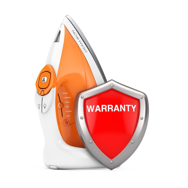 Photo electric clothes steam iron with red metal protection warranty shield on a white background. 3d rendering