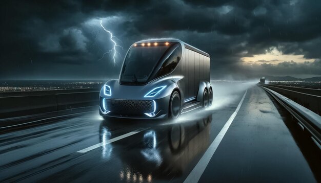 Foto cybertruck elettrico che conquista un'autostrada tempestosa