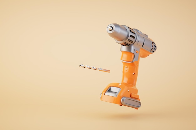 Electric drill orange and drill on a pastel background 3D render