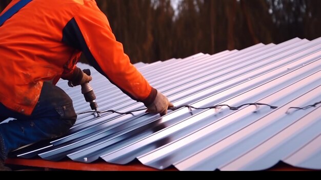 Electric drill used on new roofs with metal sheet ai generative