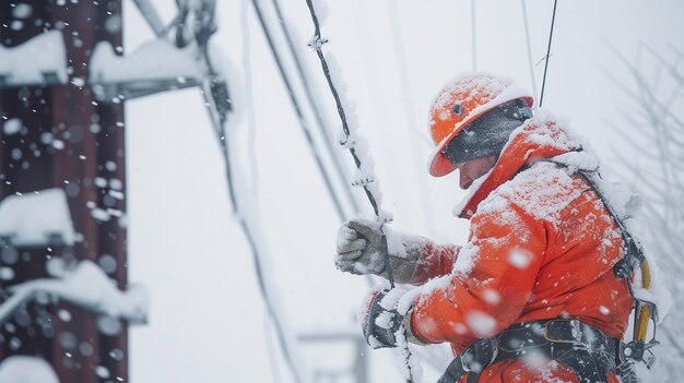 電気技師 雪の嵐に巻き込まれた労働者