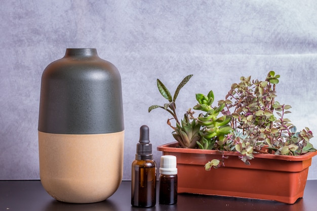 Electric Essential oils Aroma diffuser, oil bottles and flowers on wooden table