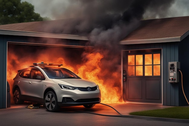 electric ev car burning in flames as batteries exploded illustration