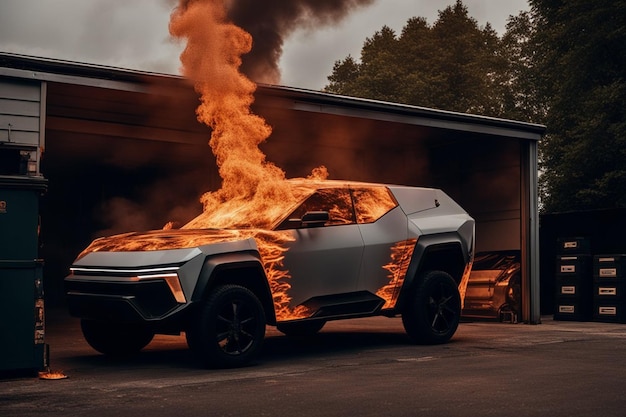 electric ev suv cyber truck pickup burning in flames as batteries exploded illustration