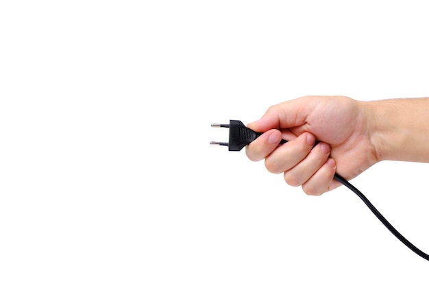 Photo electric fork in hand white backgroundconcept powering up with energy connecting business