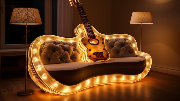 Electric guitar against a brick wall in neon light 3d illustration