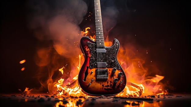 Electric guitar next to a blazing hearth electric guitar over a backdrop of flames Generative AI