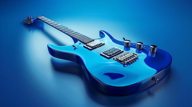 Electric guitar in blue color on a blue background 3D rendering