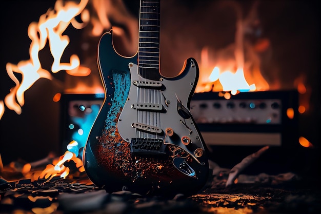 Electric guitar in front of burning fireplace Electric guitar on fire backgroundgenerative ai