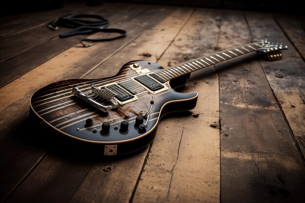 Photo electric guitar lying on wooden table ready to be played created with generative ai