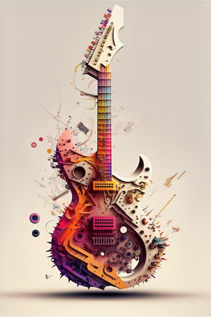 Electric guitar and musical creation.Melody and song.Poster for pop and rock concert.Ai generated.