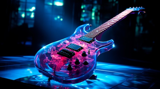 Photo electric guitar in neon hologram