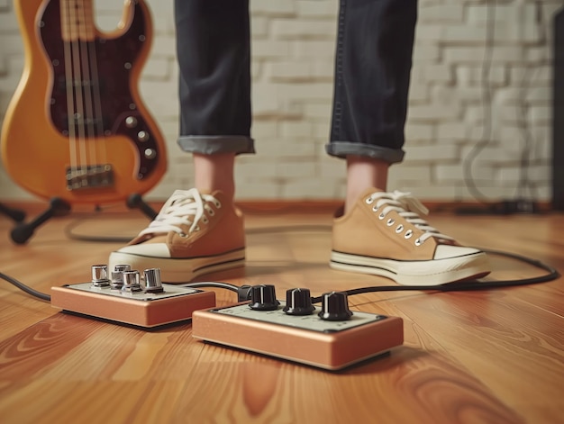 electric guitar pedals in a real context Guitarist on stage of a concert