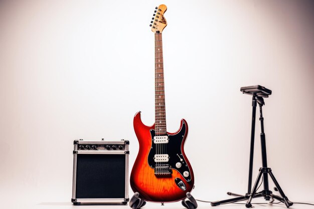 Electric guitar with amplifier in studio setting