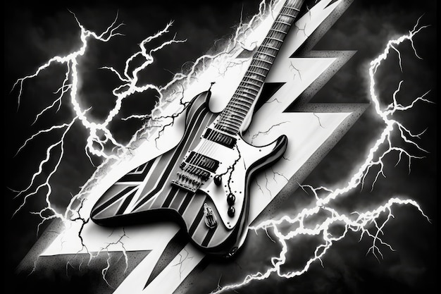 Photo electric guitar with lightning bolt design in black and white created with generative ai