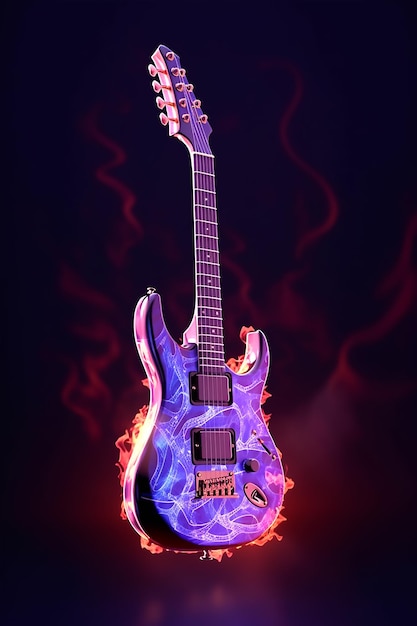 Photo electric guitar with neon light background