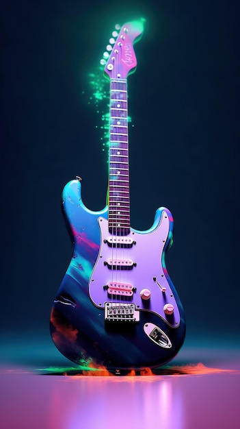 Photo electric guitar with neon light in cyberpunk style by generative ai