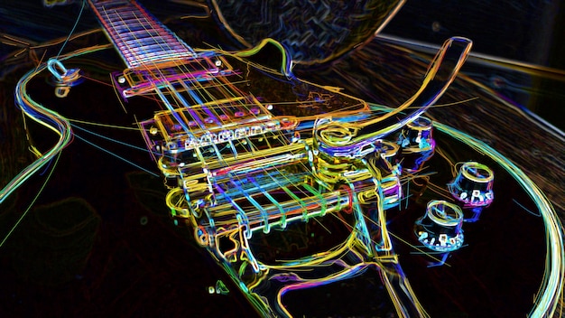 Photo electric guitar with tremolo . abstract color neon painting .