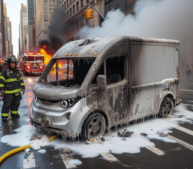 Фото Гибридный грузовой курьерский грузовик горящий пожарный применяет пену для тушения пламени большой дым