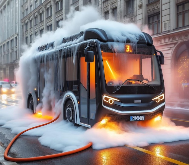 electric hybrid city bus burn bottom chasis firefighter apply foam to extinguish flames big smoke