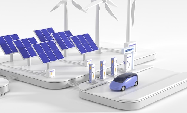 Stazioni di ricarica elettriche e di idrogeno con future turbine eoliche per auto pannelli solari e banca di batterie illustrazione isometrica di suv ibridi a celle a combustibile emissioni di veicoli trasporto ecologico 3d rendering