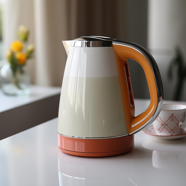 Электрический чайник для кипения воды и приготовления чая на столе в интерьере кухни