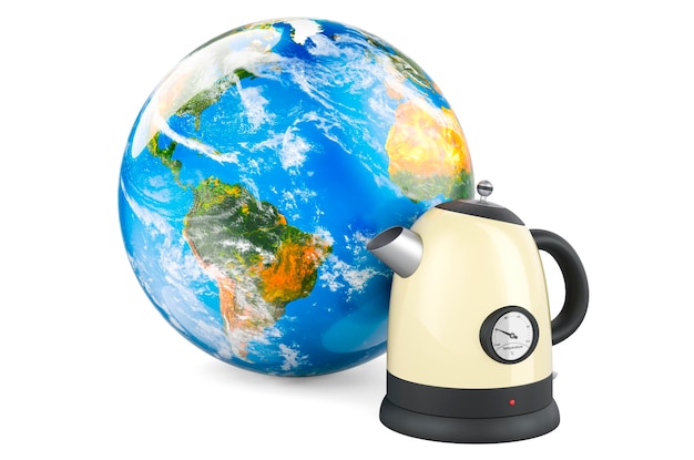 Electric kettle with Earth Globe 3D rendering isolated on white background