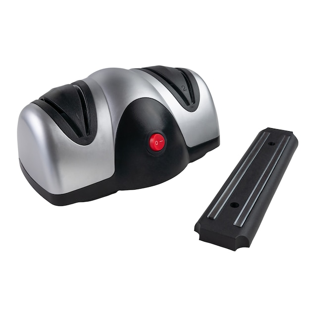 Electric knife sharpener. The plastic body is gray-black. Nearby is a magnetic knife holder. Close-up. Isolated. White background.