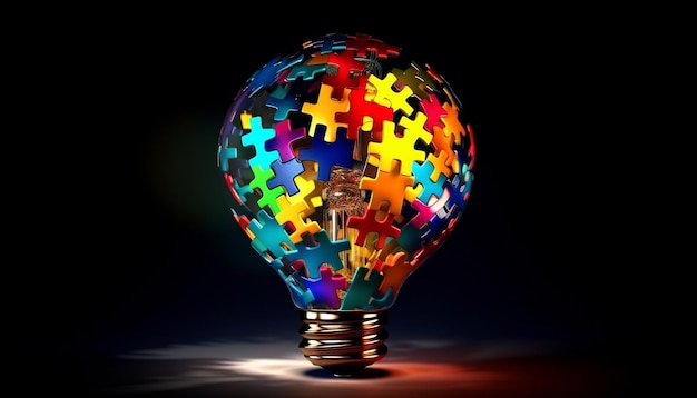 Электрическая лампа освещает яркие идеи для достижения успеха. Головоломка, созданная искусственным интеллектом