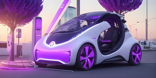 Electric Lavender Car at the charging station in the futuristic smart city