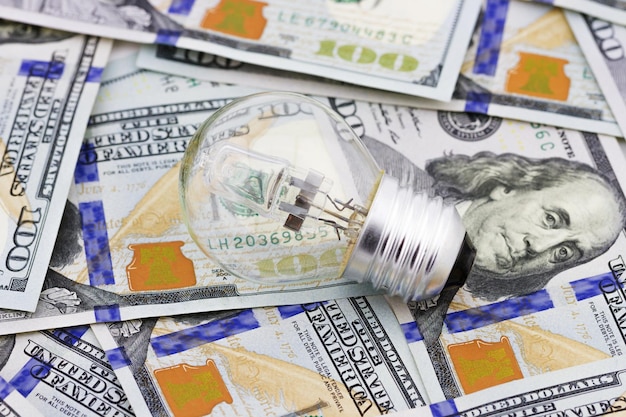 Electric light bulb on dollars