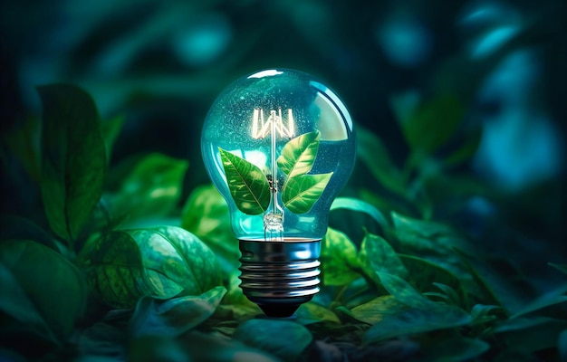 Electric light bulb filled with leaves and green energy concept