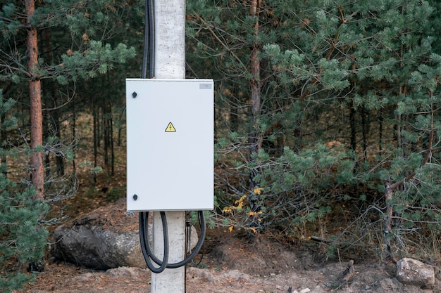 Electric metal box on a pole electric control cabinet on a\
pole