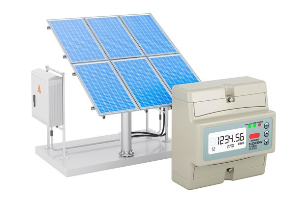 Electric meter with solar panel 3D rendering