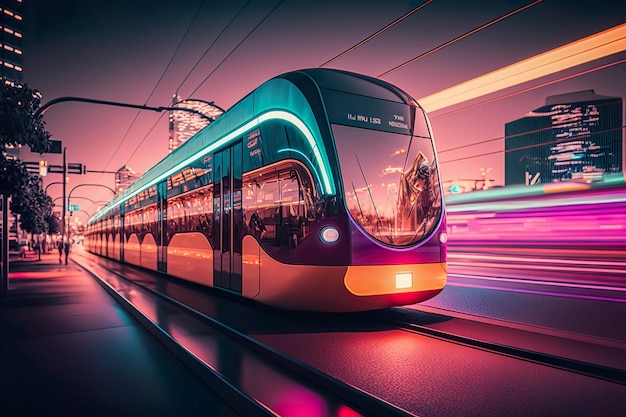 Electric metro subway passenger in modern futuristic city Railway station subway Train drives at high speed urban landscape Generate Ai