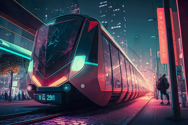 Electric metro subway passenger in modern futuristic city Railway station subway Train drives at high speed urban landscape Generate Ai