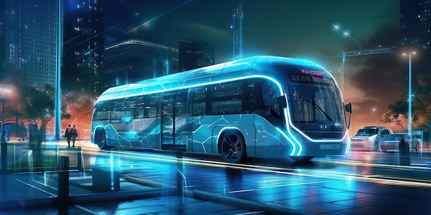 Electric modern bus races through the futuristic city showcasing the concept of contemporary ecofriendly transport generative ai