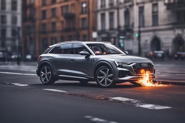 electric new ev car suv burning in flames as batteries exploded illustration