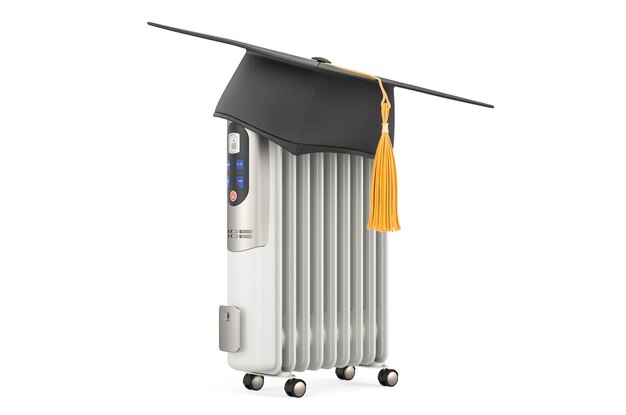 Electric oil heater with education hat 3D rendering isolated on white background