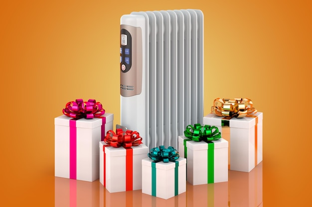 Electric oil heater with gifts 3D rendering