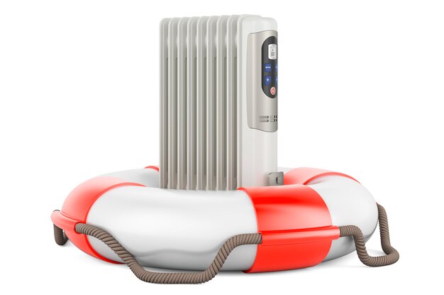 Electric oil heater with lifebuoy 3D rendering isolated on white background