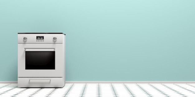 Electric oven on tiled floor blue wall background copy space 3d illustration