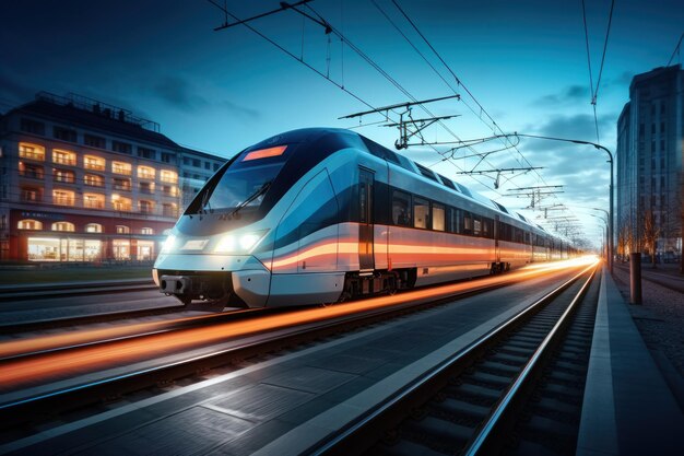 Electric passenger trains travel at high speed