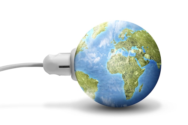 Photo electric plug into an earth power socket isolated over white background