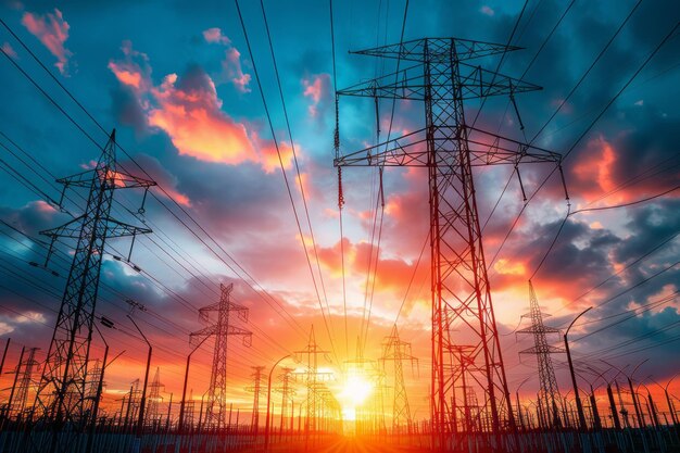 Photo electric power lines against a vibrant sunset sky