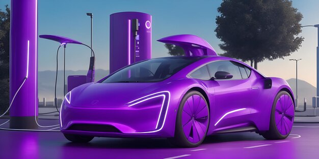 Electric purple Car at the charging station in the futuristic smart city