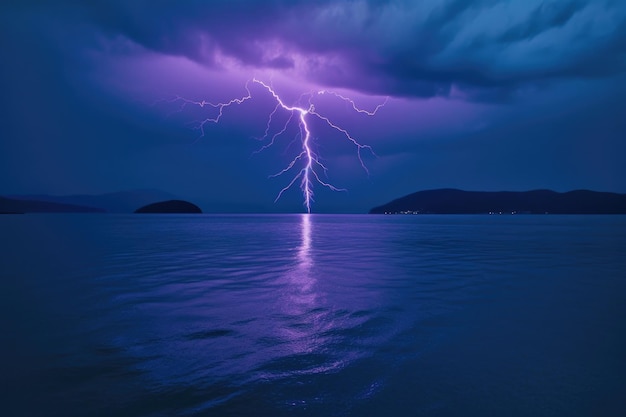 Electric purple lightning bolt contrasting with deep blue ocean created with generative ai