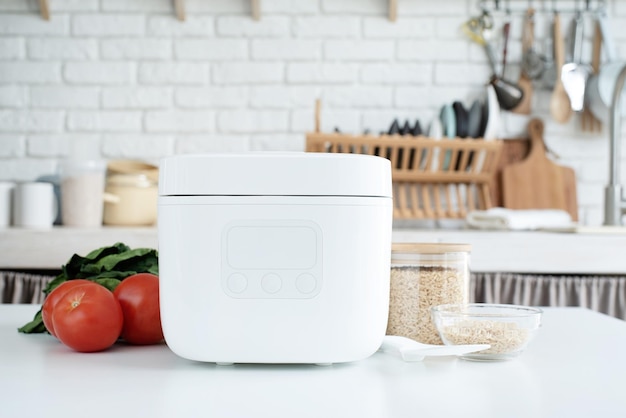 Electric rice cooker on wooden countertop in the kitchen