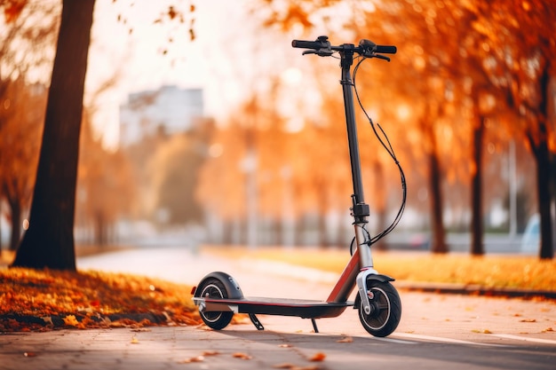 Electric scooter in the autumn city park