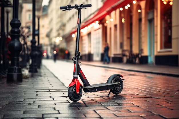 Electric scooter on a city night street electric scooter in the city landscape standing on the road Electric scooter in the city AI generated